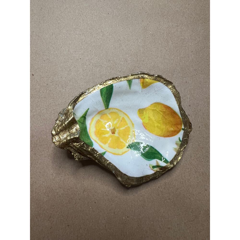 Decoupage Oyster Shell Ring‎ Dish/Trinket Dish, Lemons Design